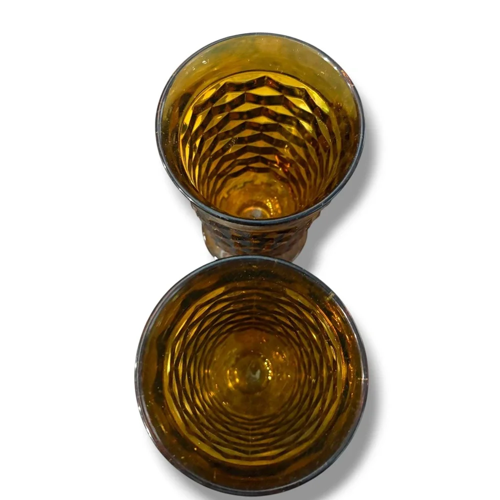 Vintage Amber Glass Footed Tumblers Set of 2‎ Diamond Point Waffle 6 in MCM